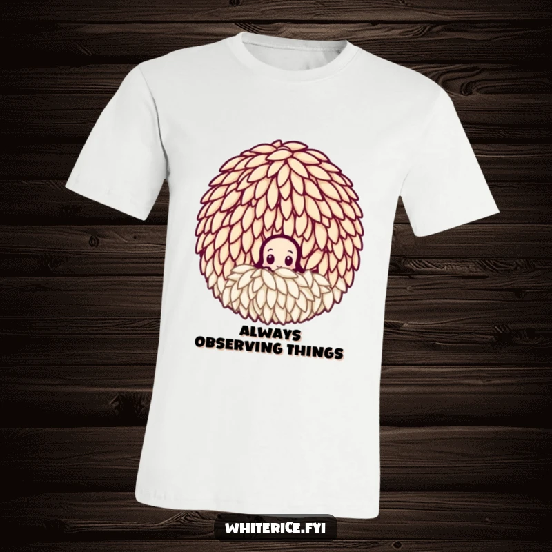 Funny curious rice grain t-shirt, peeking out cautiously, a humorous representation of observation and intrigue.