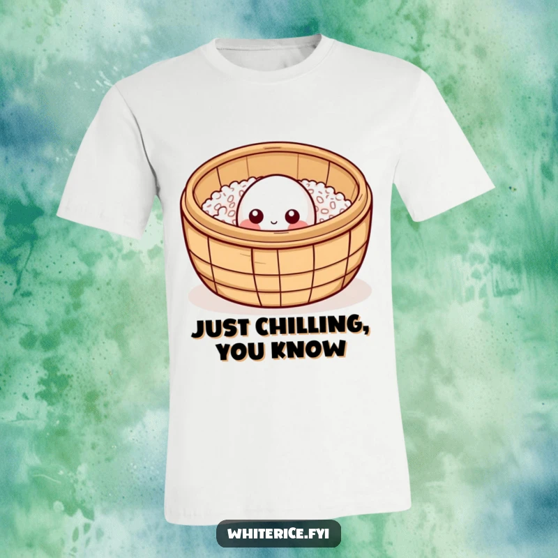 Funny curious rice grain t-shirt, peeking shyly from a bamboo steamer, cute and humorous food graphic.