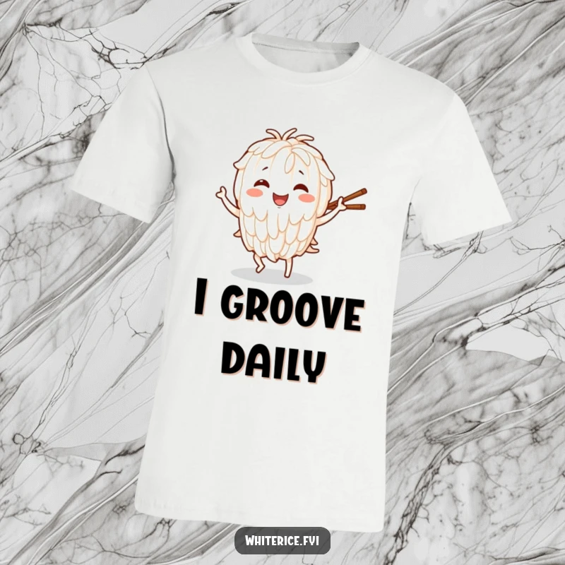 Funny t-shirt depicting a smiling rice character performing a joyous dance, enthusiastically wielding chopsticks, capturing pure delight.