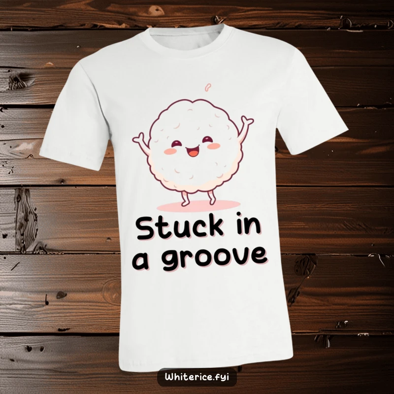 Funny t-shirt showing a happy glob of sticky white rice doing a cheerful dance. Vibrant and humorous apparel.