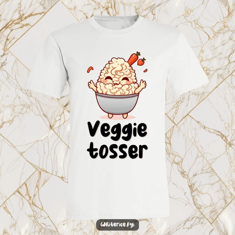 Funny Fried Rice T-Shirt: A giggling Kawaii character expertly tossing tiny vegetables, embodying playful cooking and culinary fun, ideal for casual wear.