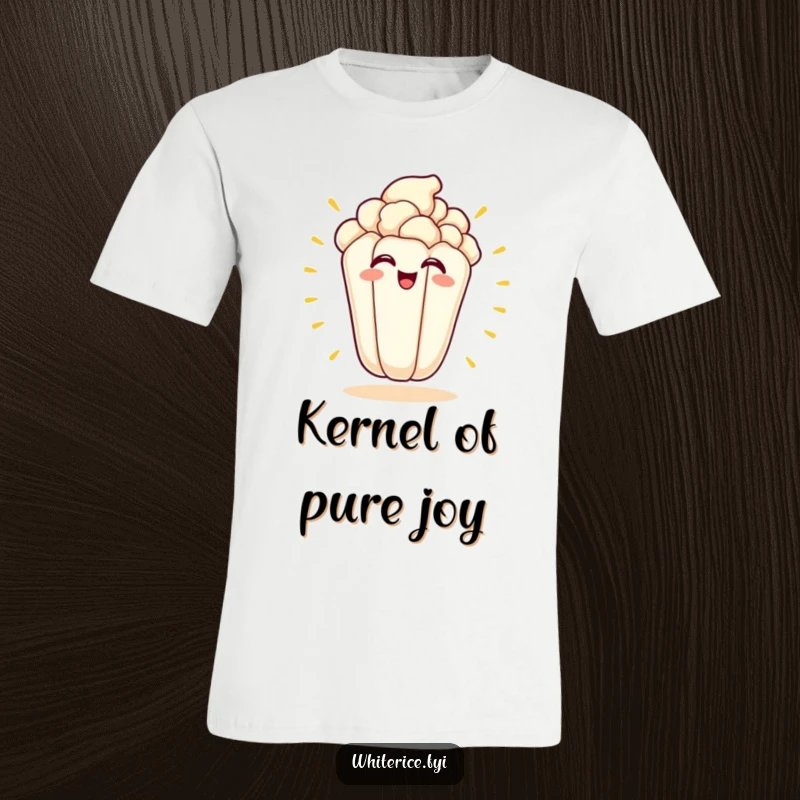 Funny kawaii t-shirt featuring an excited popcorn kernel mid-pop with a huge grin.