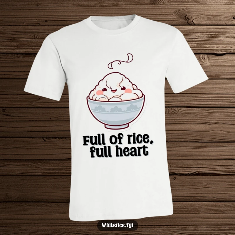 Funny Kawaii rice bowl T-shirt featuring a happy character surrounded by a steam cloud, exuding contentment and fun, a great gift idea.