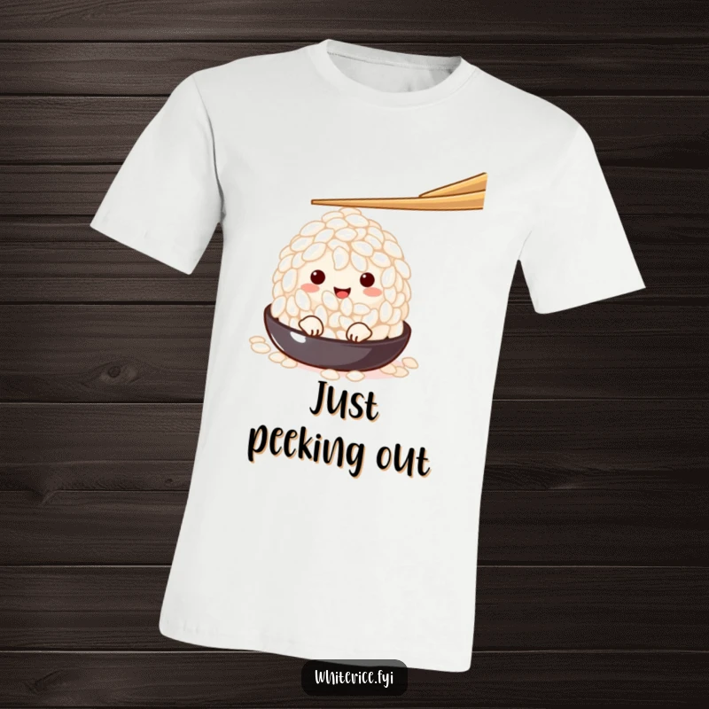 Funny charming white rice grain character peeking from beneath a chopstick, showcased on a t-shirt, radiating shy cuteness and foodie charm.