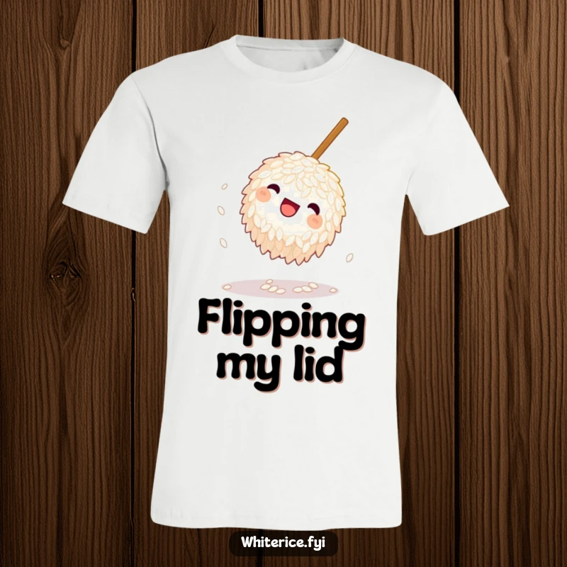 Funny Rice T-Shirt: A playful grain of rice doing a somersault near a chopstick, highlighting fun and agility with a comedic touch.