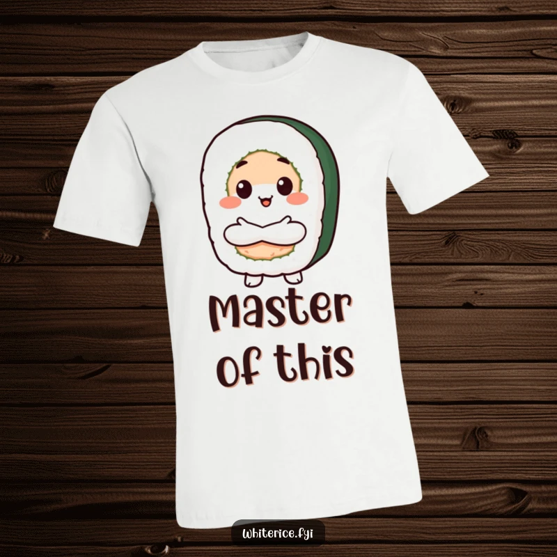 Funny Proud Sushi T-Shirt showing a beaming Kawaii sushi roll character with crossed arms, displaying confident pride and love for sushi.