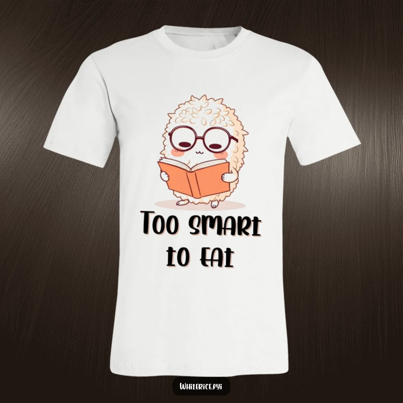 Funny rice t-shirt depicts a bewildered rice ball character with glasses, engrossed in reading a large book, exuding studious humor.
