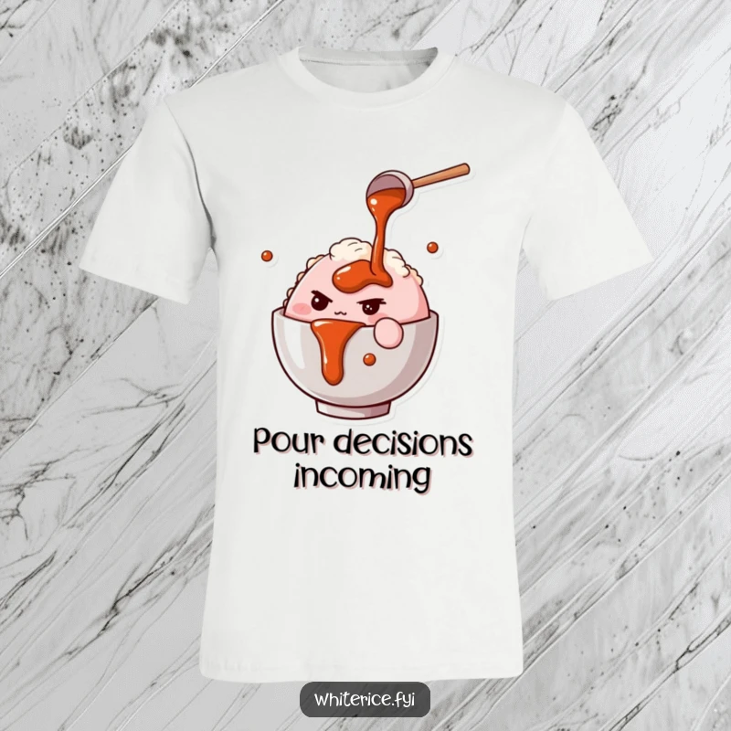 Funny t-shirt with determined pink rice bowl character pouring savory sauce, showcasing culinary focus and humor.