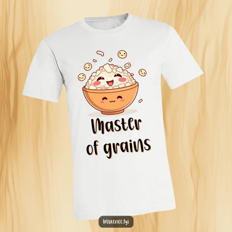 Funny t-shirt showcasing a giggling rice bowl character playfully juggling smiling grains of rice, radiating infectious happiness.