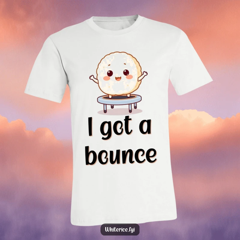 Funny t-shirt with a giggling rice cake bouncing like a mini trampoline, showcasing infectious happiness and energy.
