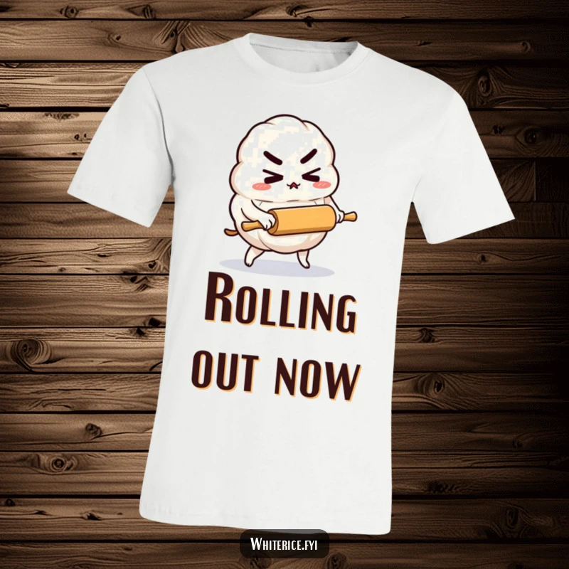 Funny t-shirt depicting a determined rice dumpling character pushing a tiny rolling pin, representing ambition and effort.