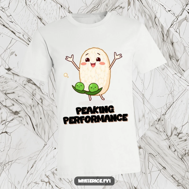 Funny t-shirt with a happy anthropomorphic rice grain juggling peas, celebrating playful energy.