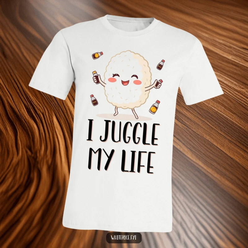 Funny t-shirt depicting a happy, plump white rice grain character expertly juggling small soy sauce bottles, a humorous food design.