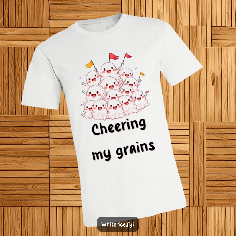 Funny t-shirt depicting a smiling pile of white rice characters cheering and waving tiny flags, celebrating joy.