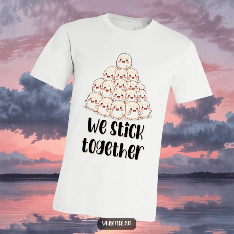 Funny t-shirt featuring a stacked, wobbly pyramid of smiling rice characters, embodying pure joy and silliness.