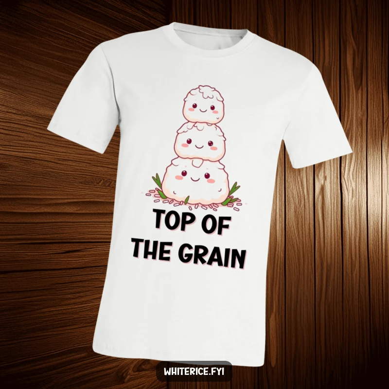 Funny t-shirt with a happy stack of white rice characters forming a pyramid, celebrating unity and smiles.