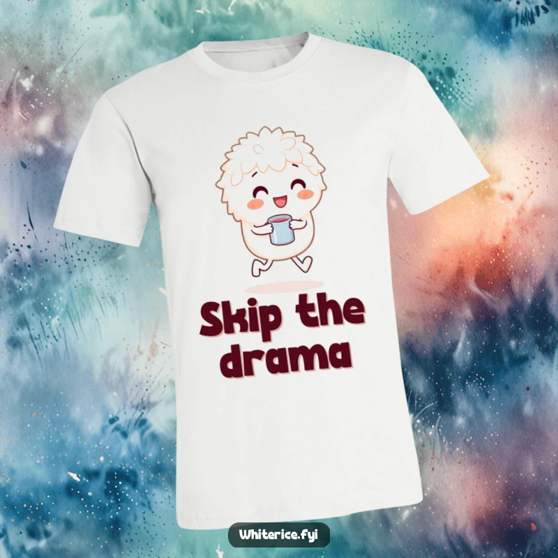 Funny t-shirt with a playful white rice character skipping happily with a measuring cup, celebrating joy.