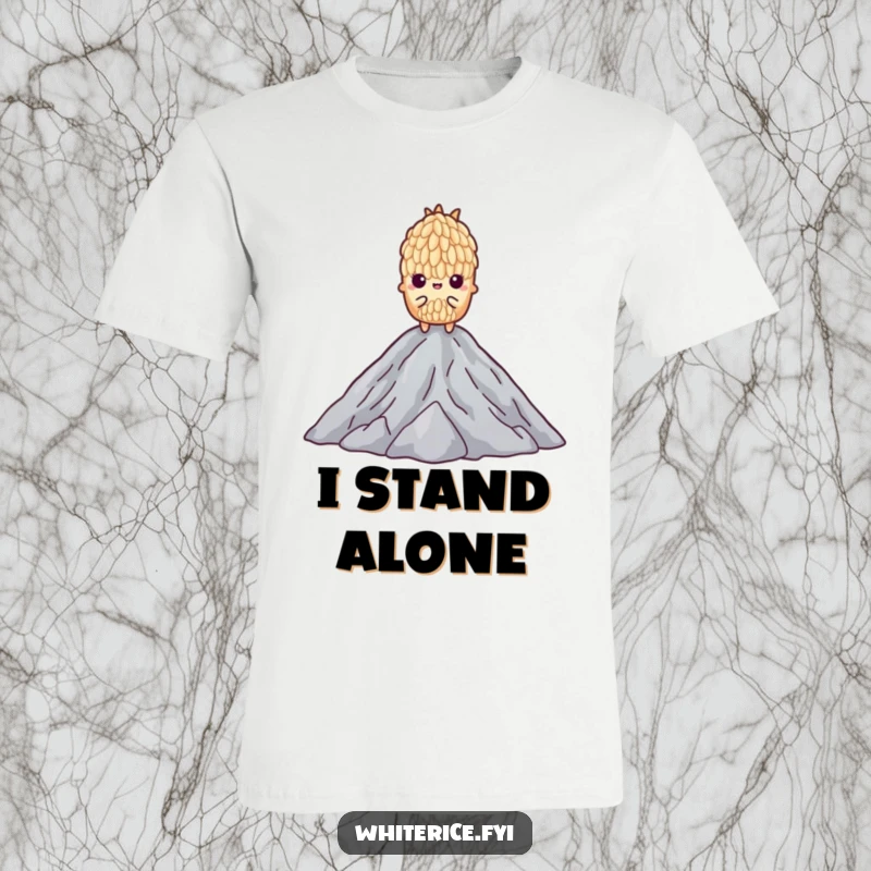 Funny t-shirt depicting a determined grain of rice standing tall on a mountain of others, symbolizing resilience.