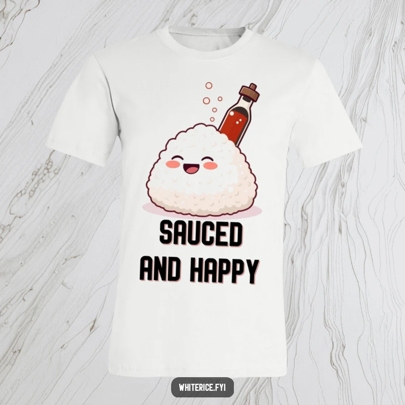 Funny t-shirt depicting a giggling mound of rice laughing hysterically as a tiny soy sauce bottle sprays. Hilarious apparel.