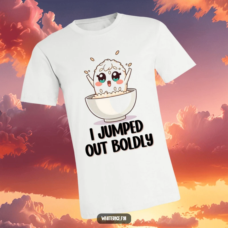 Funny rice t-shirt depicts a surprised grain of rice character comically leaping out of a bowl with exaggerated wide eyes, full of humor.