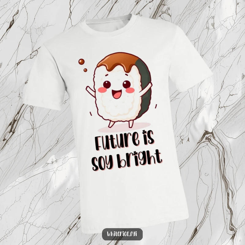 Funny kawaii sushi roll t-shirt, character dancing with joy and soy sauce, cute foodie apparel.