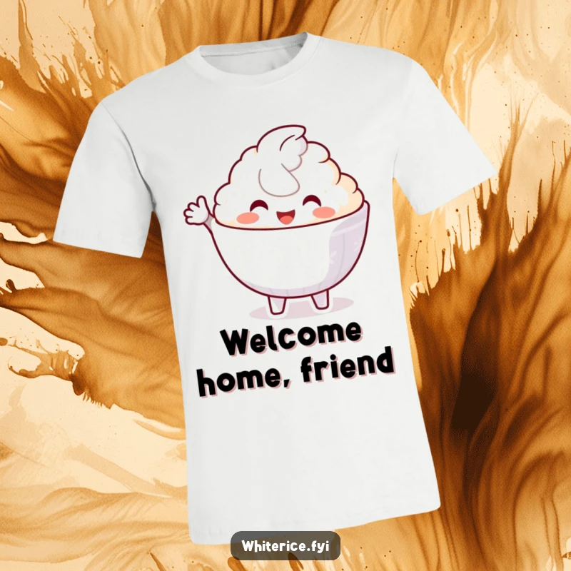 Funny t-shirt showcasing a delighted white rice bowl character with an open, welcoming gesture, radiating friendliness.