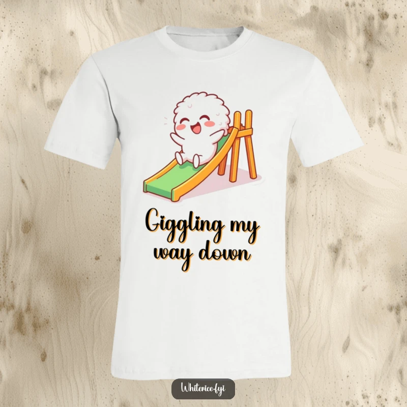 Funny t-shirt displaying a giggling white rice character having a delightful time sliding down a small, playful slide with a joyous expression.