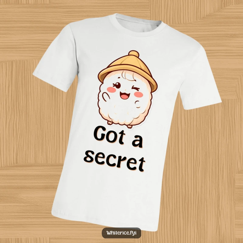 Funny t-shirt showing a happy rice character wearing a small hat and giving a friendly wink, radiating playful charm.