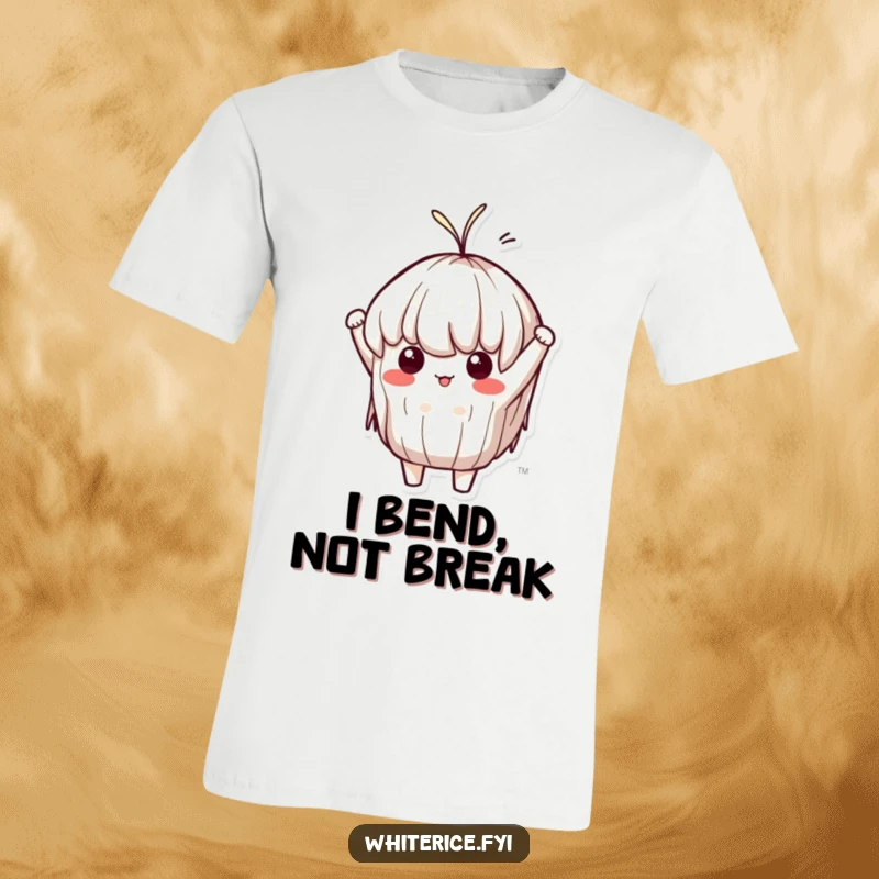 Funny Sticky Rice T-Shirt: A determined Kawaii sticky rice character in a comical taffy-like stretch, embodying perseverance and humor, great for casual wear.