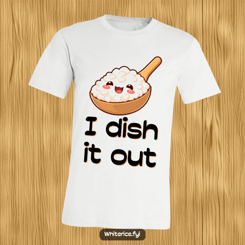 Funny t-shirt with a cheerful rice paddle offering a spoonful of fluffy rice, embodying culinary delight.