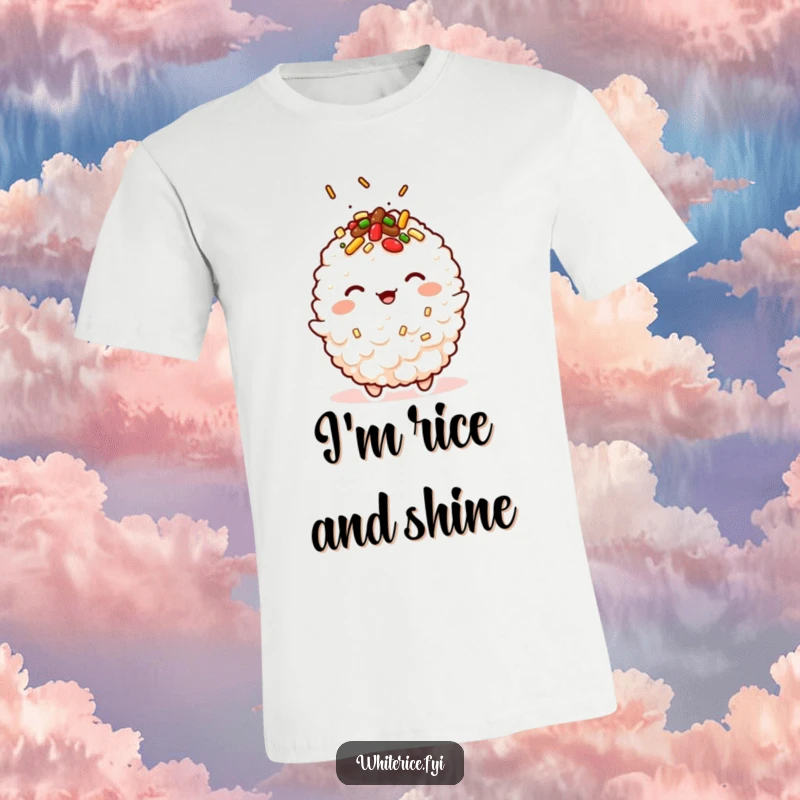 Funny kawaii t-shirt featuring a winking fried rice character topped with delicious ingredients.