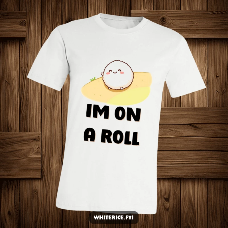 Funny t-shirt showcasing a happy, round rice ball character gleefully rolling down a hill, radiating pure, unadulterated fun.