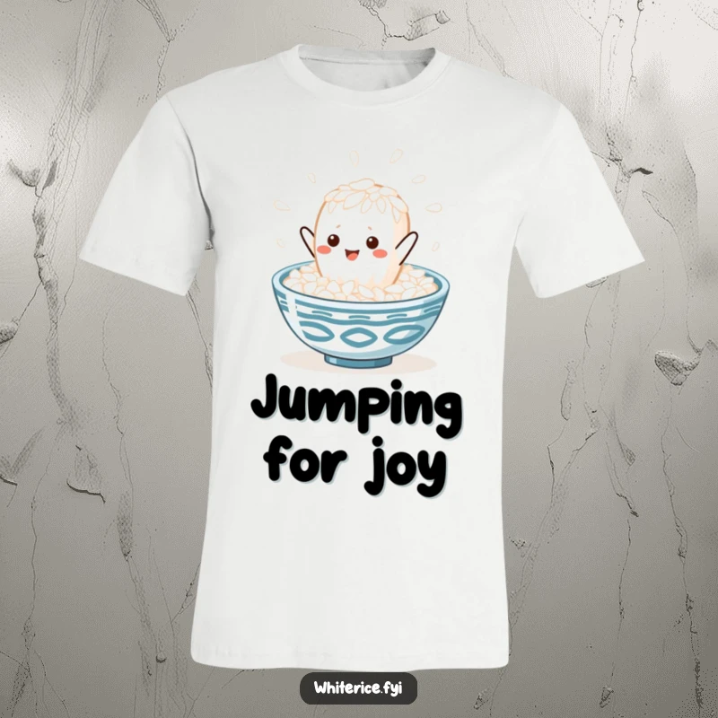 Funny kawaii white rice grain character mid-leap into a steaming rice bowl, showcased on a t-shirt for ultimate food-lover charm.