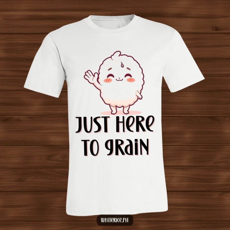 Funny rice character t-shirt featuring a joyous white rice person with a big smile, waving hello. Ideal for casual wear.