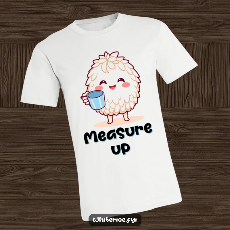 Funny Basmati Rice T-Shirt: A joyful Kawaii basmati rice character offering a tiny measuring cup, embodying cheerful precision and culinary fun, great for casual wear.