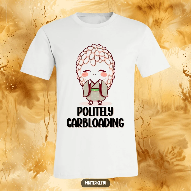 Funny t-shirt with a smiling grain of rice wearing a tiny kimono and bowing respectfully. Cultured and humorous.