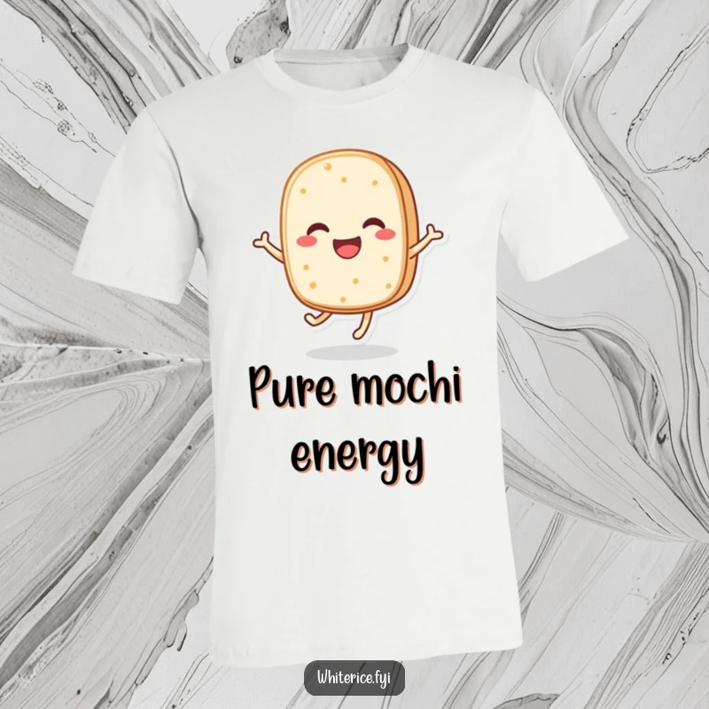 Funny t-shirt showcasing a happy, anthropomorphic rice cake character enthusiastically bouncing with infectious joy and positive energy.