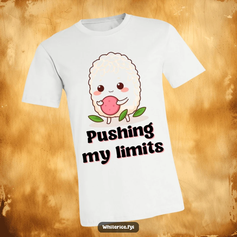 Funny Rice T-Shirt: A determined grain of rice proudly pushing a tiny radish slice, symbolizing perseverance with a comedic twist.