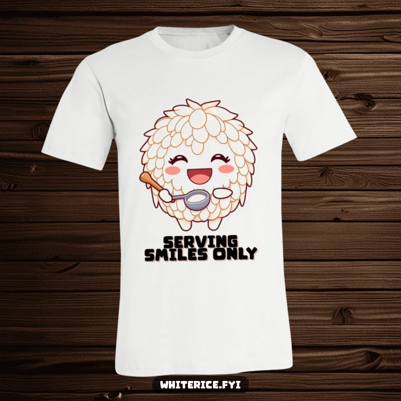 Funny t-shirt showing a joyful rice character with a huge smile, holding a tiny ladle, embodying culinary happiness.