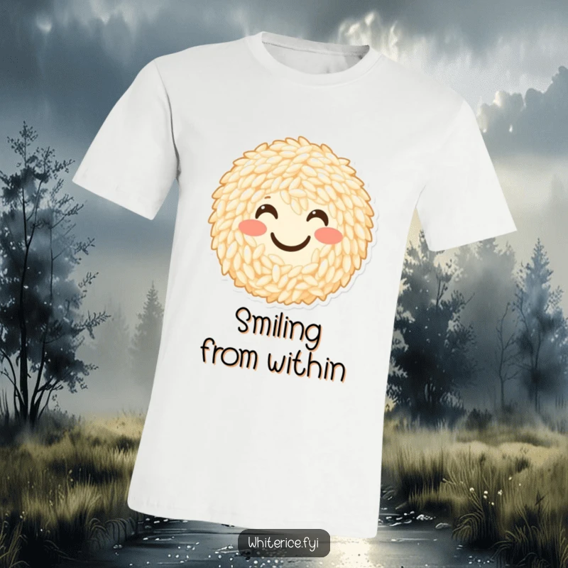 Funny t-shirt showing a cheerful bunch of rice grains forming a happy smiley face. Positive and humorous apparel.