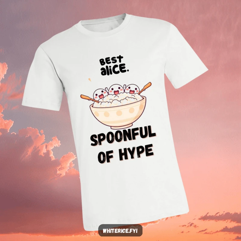 Funny t-shirt showcasing an excited bowl of rice characters cheering wildly with tiny spoons, radiating infectious energy.