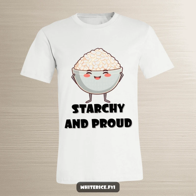 Funny proud rice bowl t-shirt displaying a smiling bowl of rice with tiny legs striking a proud pose.