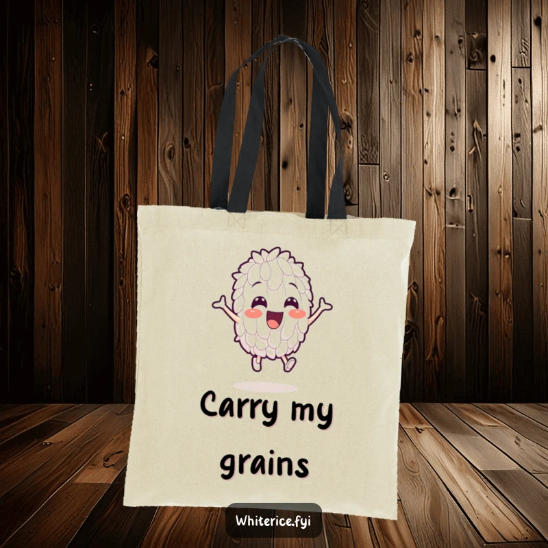 Funny tote bag with a cheerful white rice grain character caught in a comically energetic leap, ideal for shopping.