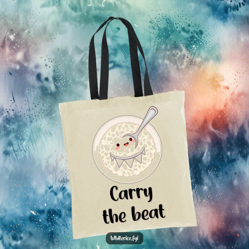Funny white rice plate drumming with a tiny spoon tote bag, ready to carry your essentials with musical humor.