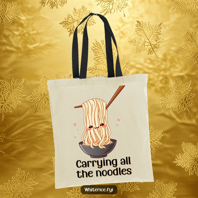 Funny tote bag with a silly rice noodle playfully weaving through chopsticks, designed for food lovers.