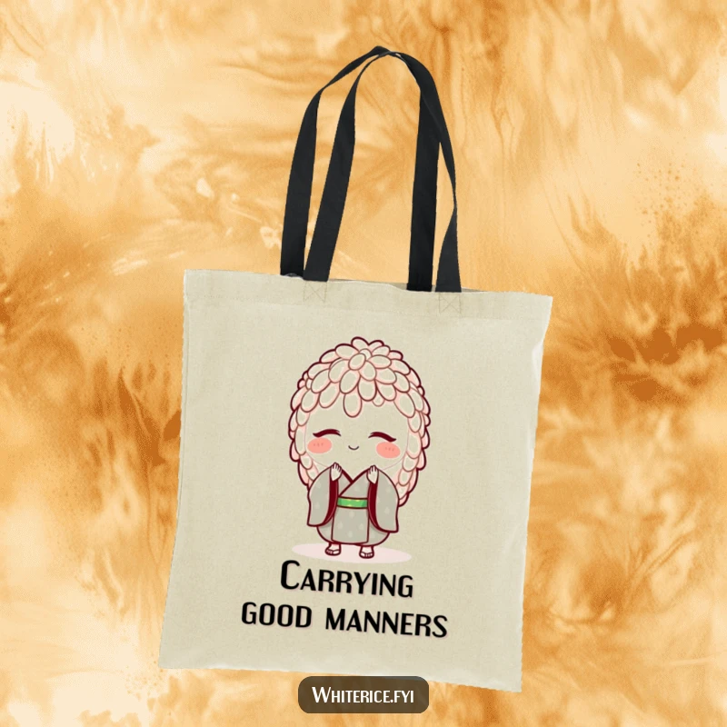 Funny tote bag with a smiling grain of rice in a tiny kimono, bowing. Stylish and humorous accessory.