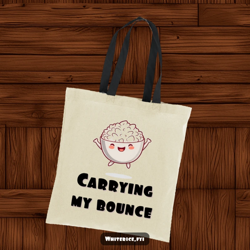 Funny tote bag with a cheerful bowl of white rice performing a playful jump, ideal for shopping.