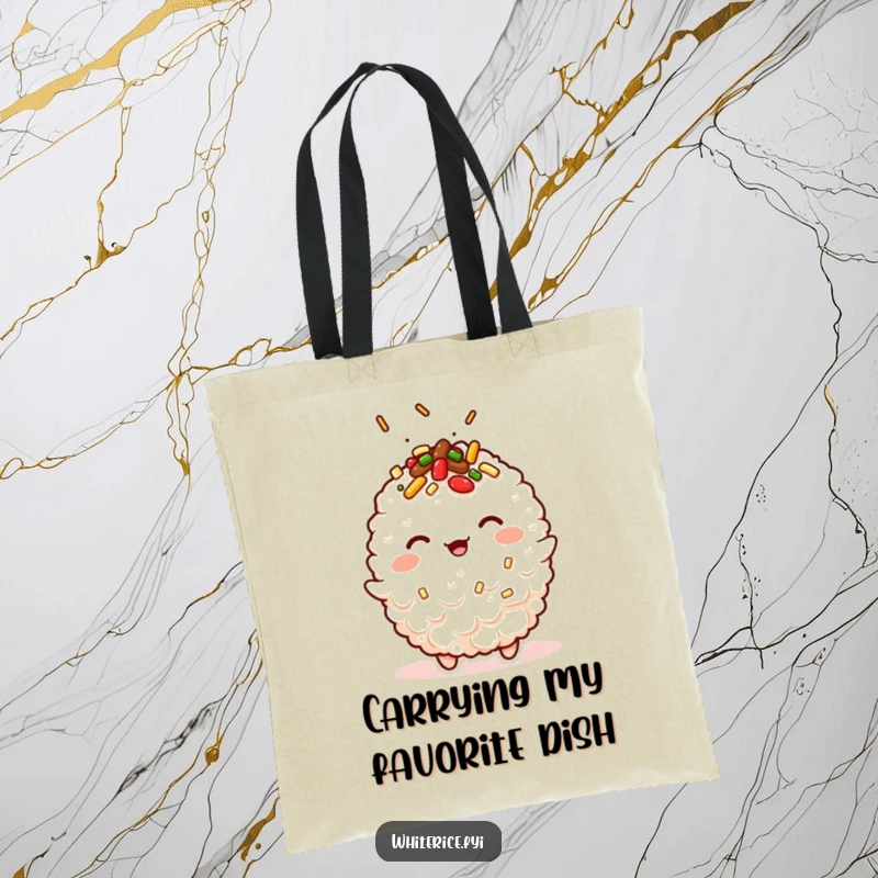 Funny kawaii tote bag featuring a winking fried rice character with toppings, perfect for carrying food.