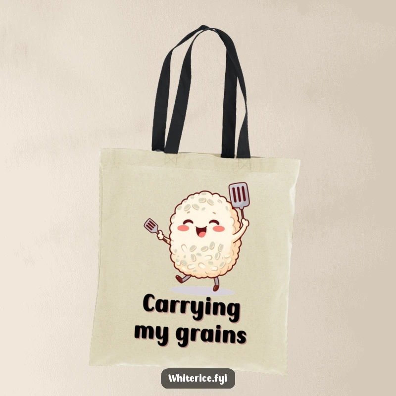 Funny, cheerful rice character joyfully dancing with a tiny spatula, featured on a durable tote bag for food enthusiasts.