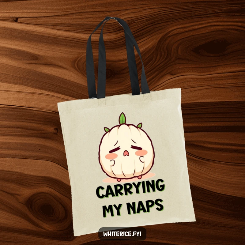 Funny tote bag featuring a sleepy rice grain character yawning, ideal for carrying relaxation essentials.
